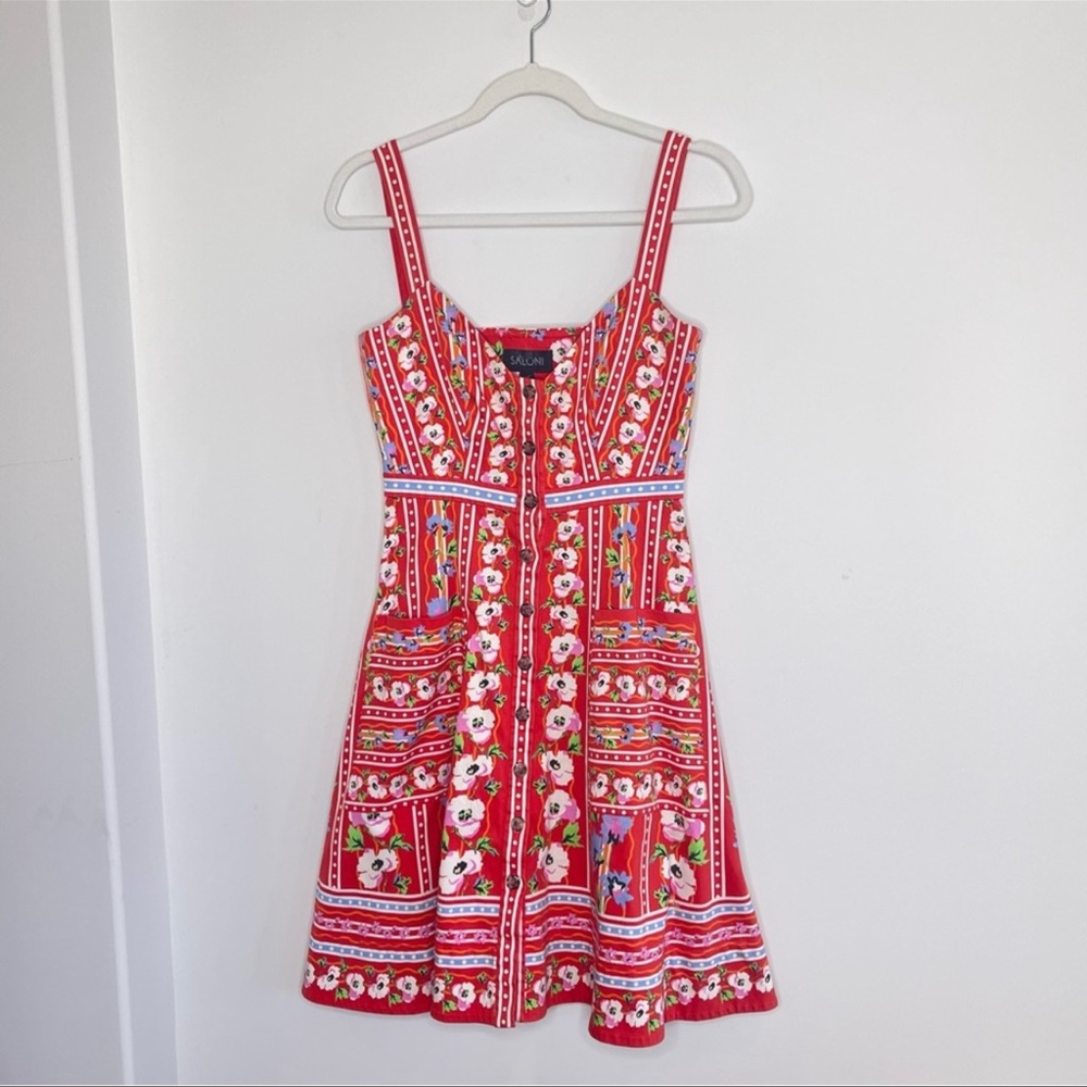 Saloni Fara button front sleeveless dress great condition red and blue pockets